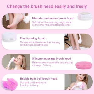 JTSea Electric Bath Brush Set, Waterproof Electric Body Scrubber & Silicone Facial Brush，4 Spin Brush Heads, Shower Brush Bath Scrubber Exfoliating, Back Brush Long Handle for Shower Women Men