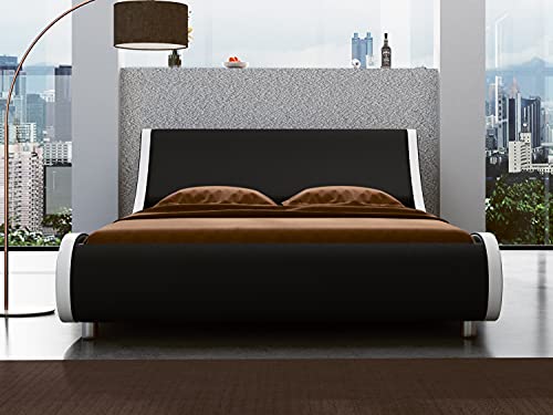 SHA CERLIN Modern Low Profile Platform Bed Frame Full Size, Stylish Faux Leather Upholstered Sleigh Bed with Adjustable Headboard, No Box Spring Needed, Black & White