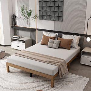 julyfox rubber wood bed frame queen size, 12 inch solid wood platform bed queen size 650 lbs heavy duty no headboard no box spring needed,(natural,queen size)