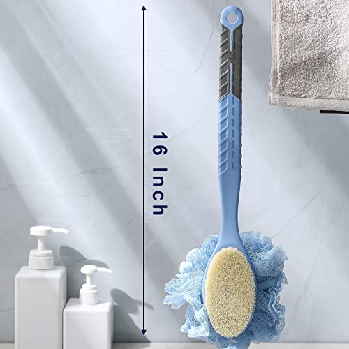 Back Scrubber Brush,TEGOOL Body Bath Shower Brush with Bristles and Loofah/Mesh Sponge,16 Inches Long Handle Built-in TPR Material Non-Slip for Exfoliating Massage Men and Women(Blue)