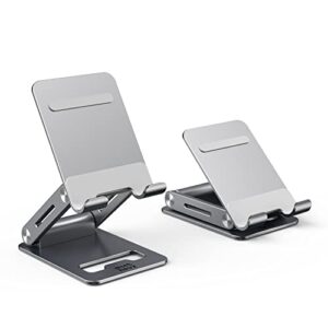 minthouz cell phone stand, adjustable&foldable phone holder for desk, aluminum phone stand with anti-slip base, compatible with iphone 14 13 pro max mini 12 11 and more 4.7''-7.9'' smart phones - gray