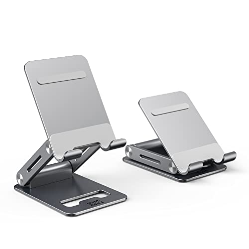 Minthouz Cell Phone Stand, Adjustable&Foldable Phone Holder for Desk, Aluminum Phone Stand with Anti-Slip Base, Compatible with iPhone 14 13 Pro Max Mini 12 11 and More 4.7''-7.9'' Smart Phones - Gray