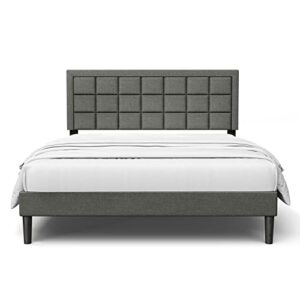 nazhura queen size bed frame upholstered modern low profile platform with tufted headboard/no box spring needed/linen fabric upholstery/charcoal grey