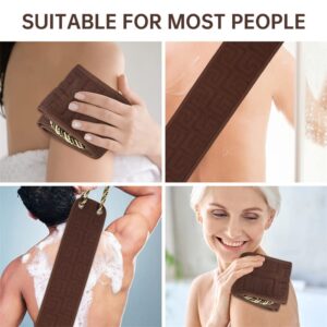 Exfoliating Back Scrubber for Shower, Enhanced Handle, Extra Long Bath Brush Towel, Back Skin Mud Rubbing Artifact, Double-Sided Design (Brown)