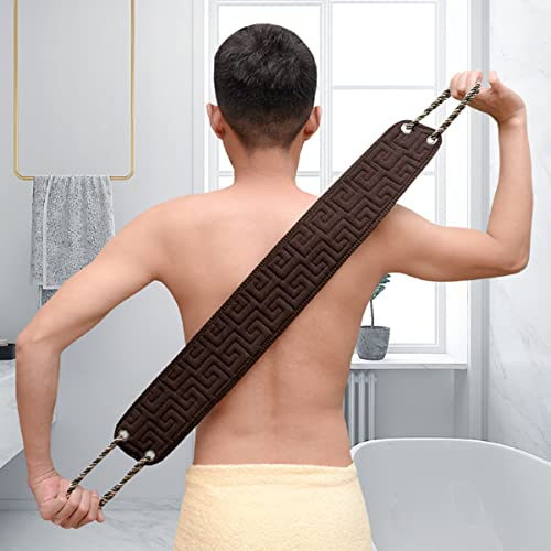 Exfoliating Back Scrubber for Shower, Enhanced Handle, Extra Long Bath Brush Towel, Back Skin Mud Rubbing Artifact, Double-Sided Design (Brown)