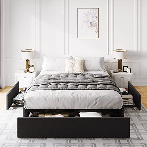 IMUsee Queen Bed Frame with Storage, 3 Large Drawers on Wheels, Fabric Upholstered Platform Bed, No Box Spring Needed, Wood Slats Support, Easy Assembly, Dark Grey