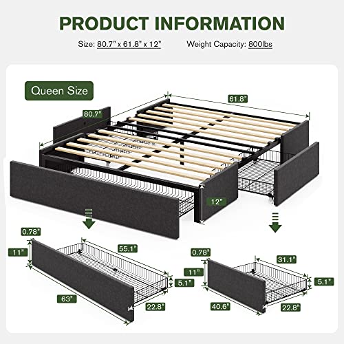 IMUsee Queen Bed Frame with Storage, 3 Large Drawers on Wheels, Fabric Upholstered Platform Bed, No Box Spring Needed, Wood Slats Support, Easy Assembly, Dark Grey