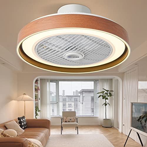 XuanDe Ceiling Fans with Lights and Remote Quiet, 20" Enclosed Ceiling Fan Modern Low Profile DC Motor 6 Gear Wind Speeds 3 Colors Stepless Dimming for Bedroom, Living Room-Walnut wood color