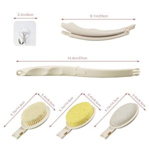 3 in 1 Bath Body Brush Set,Foldable Shower Brush with Extra Long Handle, Heads Pumice Stone,Loofah Sponge and Back Body Scrubber Bristles for Exfoliating or Dry Skin Brushing (White)