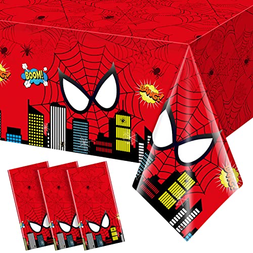 Jectivs 3Pcs Spider Themed Birthday Party Decorations,Large Plastic Tablecloth Hero Party Table Cover for Kids Birthday Party Supplies,54x108inch