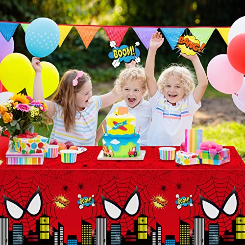 Jectivs 3Pcs Spider Themed Birthday Party Decorations,Large Plastic Tablecloth Hero Party Table Cover for Kids Birthday Party Supplies,54x108inch