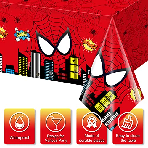 Jectivs 3Pcs Spider Themed Birthday Party Decorations,Large Plastic Tablecloth Hero Party Table Cover for Kids Birthday Party Supplies,54x108inch