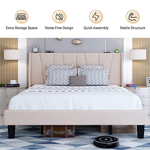 Benevika Queen Size Bed Frame with Modern Geometric Wingback Headboard,Wood Slat,No Box Spring Needed,Easy Assembly, Beige