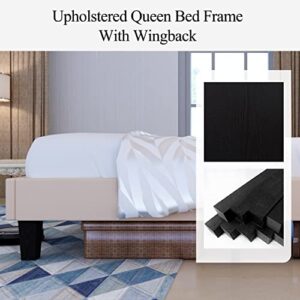 Benevika Queen Size Bed Frame with Modern Geometric Wingback Headboard,Wood Slat,No Box Spring Needed,Easy Assembly, Beige