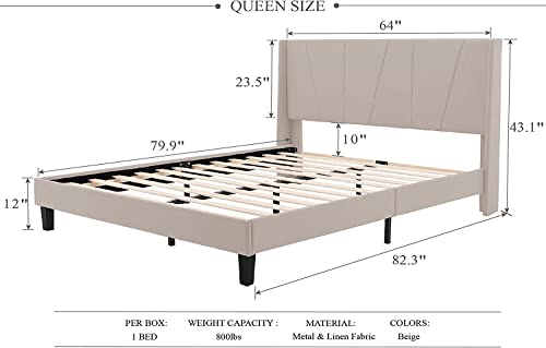 Benevika Queen Size Bed Frame with Modern Geometric Wingback Headboard,Wood Slat,No Box Spring Needed,Easy Assembly, Beige