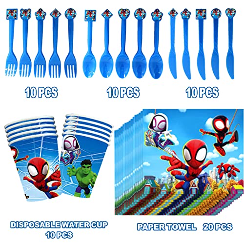 Spider Birthday Party Supplies, Cartoon Spider Party Decorations Set Include Banner,7+9inch Plates,Table cover,Cake topper,Cupcake topper,Paper cups,Straws, Fork,Spoon,Knives,Napkins,Gift bags,Balloons.