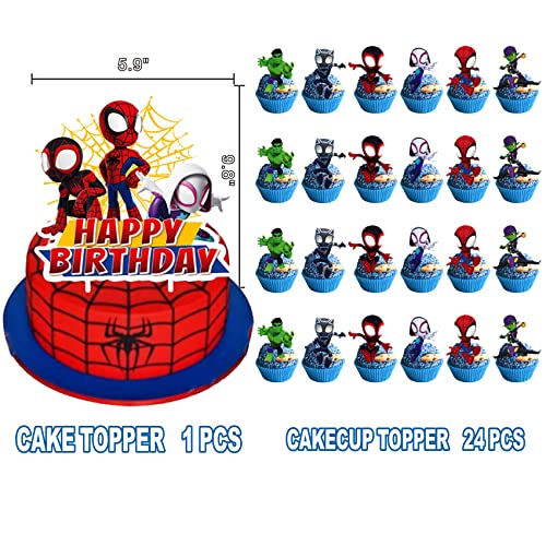 Spider Birthday Party Supplies, Cartoon Spider Party Decorations Set Include Banner,7+9inch Plates,Table cover,Cake topper,Cupcake topper,Paper cups,Straws, Fork,Spoon,Knives,Napkins,Gift bags,Balloons.