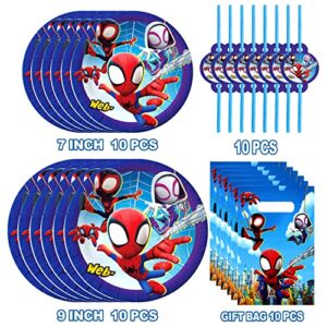 Spider Birthday Party Supplies, Cartoon Spider Party Decorations Set Include Banner,7+9inch Plates,Table cover,Cake topper,Cupcake topper,Paper cups,Straws, Fork,Spoon,Knives,Napkins,Gift bags,Balloons.