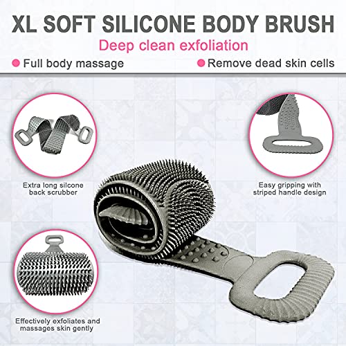 35.5"/90cm Silicone Back Scrubber for Shower Extra Long Double Sided Body Brush and Massage for Men and Women Fast Drying Travel Ready (Grey)