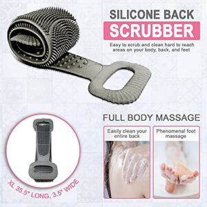 35.5"/90cm Silicone Back Scrubber for Shower Extra Long Double Sided Body Brush and Massage for Men and Women Fast Drying Travel Ready (Grey)