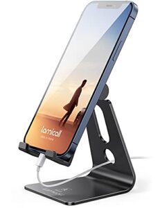 adjustable cell phone stand, lamicall desk phone holder, cradle, dock, compatible with iphone 14, plus, pro, pro max, 13 12 x xs,4-8" phones, office accessories, all android smartphone, black