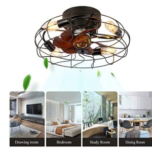 Cluelyhoo 20” Low Profile Caged Ceiling Fan with Lights, Bladeless Ceiling Fan with Light, Remote Ceiling Fan with Lights, Black Flash Mount Ceiling Fan