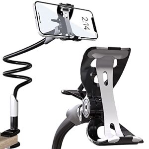 primens cell phone holder for bed gooseneck bedside phone holder laying down with adjustable 360 clamp clip and flexible long arm, phone holder for desk stand and mount (black)