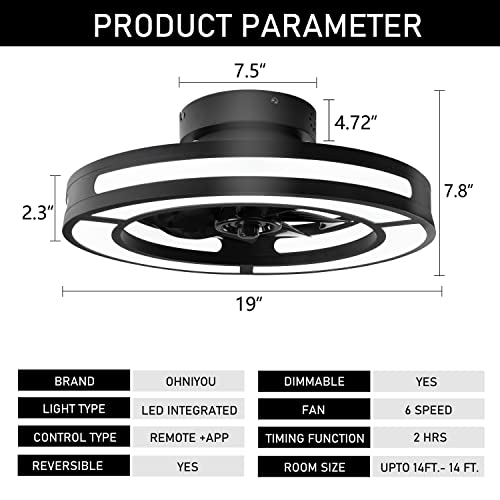 Ohniyou Ceiling Fan with Lights Remote and APP Control,19'' Flush Mount Low Profile Fan,Smart Ceiling Fan with Dimmable LED Night Light Reversible Blades Timing, Enclosed Fan for Bedroom,Living Room