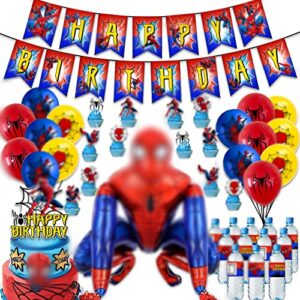 spider birthday party supplies and decorations,spider themed party for kids serves a airwalker balloon, cupcake toppers,banner,latex balloons and bottle stikers