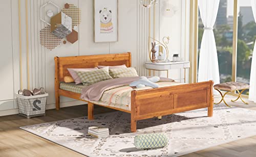 AOCOROE Wood Queen Bed Frame with Headboard and Foot Board, Queen Size Platform Bed Sleigh Bed with Slats and Extra Supporting Legs, No Box-Spring Needed.Oak