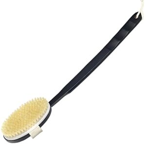owiizi black bath brush wooden curved long handle body brush for exfoliating, natural bristle shower scrubber for back use wet or dry