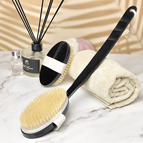 OWIIZI Black Bath Brush Wooden Curved Long Handle Body Brush for Exfoliating, Natural Bristle Shower Scrubber for Back Use Wet or Dry