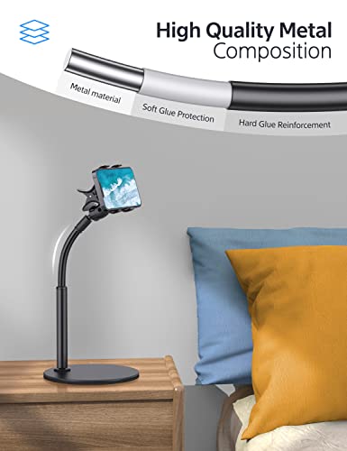 Cell Phone Stand, Gooseneck Flexible Arm Universal Phone Holder, Angle Height Adjustable Phone Stand for Desk, Lazy Bracket Holder, Aluminum Alloy Phone Holder Compatible with 3.5"-6.7" Devices(Black)