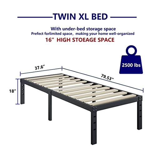 ZIYOO Twin XL Bed Frame, 18 Inches Tall, 3 Inches Wide Wood Slats with 2500 Pounds Support, No Box Spring Needed, High Metal Platform with Underbed Storage Space, Easy Assembly, Noise Free