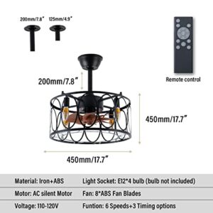 CLAIRDAI Black Caged Ceiling Fans with Lights Remote Control 18In Low Profile Flush Mount Ceiling Fan Reversible Motor Farmhouse Ceiling Fan Fandelier for Bedroom Living Room Dining Room