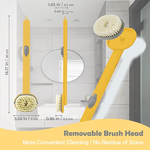 Upgraded Long Handle Bath Body Brush PUSCOBSY Yellow Back Scrubber for Shower with Comfy Bristles Anti Slip Dry Brush for Skin Exfoliating Bath Massage Shower Brush Shower Cleaning Brush(Yellow,14 in)