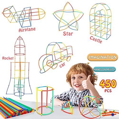 Creative Straw Toys 450Pcs STEM Building Toys Aged for 3 4 5 6 7+ Preschool Kids Constructor Toy Thin Tube Toy DIY Educational Toy Interlocking Plastic Engineering Toys Kit for Boys and Girls Gift