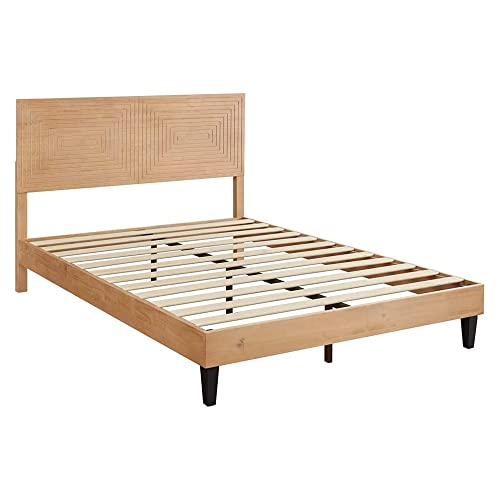 MUSEHOMEINC Mid Century Modern Solid Wood Platform Bed,King Size Bed Frame with Adjustable Height Headboard, Wood Slat Support Bed Frame, Bed Frame No Box Spring Needed