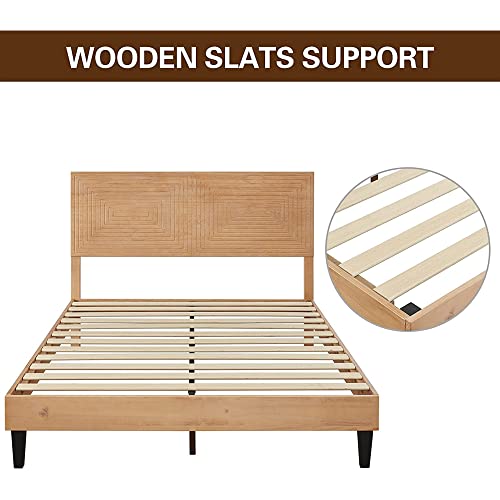 MUSEHOMEINC Mid Century Modern Solid Wood Platform Bed,King Size Bed Frame with Adjustable Height Headboard, Wood Slat Support Bed Frame, Bed Frame No Box Spring Needed