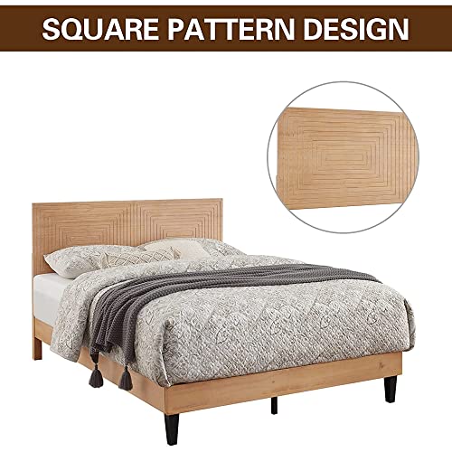 MUSEHOMEINC Mid Century Modern Solid Wood Platform Bed,King Size Bed Frame with Adjustable Height Headboard, Wood Slat Support Bed Frame, Bed Frame No Box Spring Needed