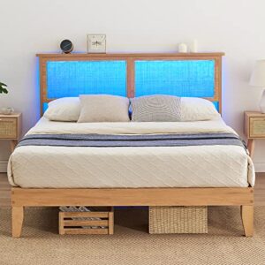 idealhouse full bed frame with natural rattan headboard, platform bed frame full size with storage headboard, mattress foundation, noise-free, no box spring needed