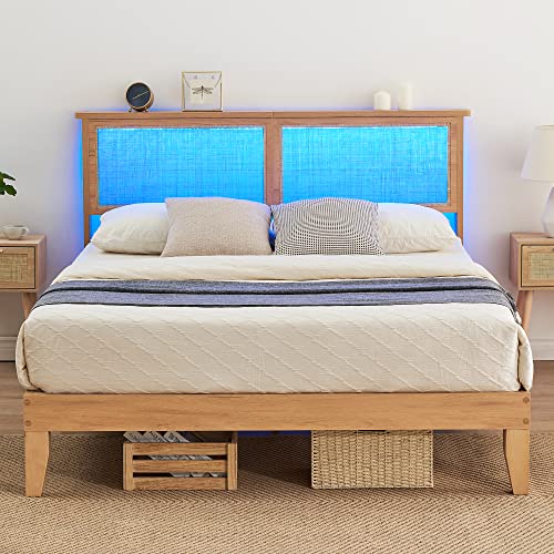 IDEALHOUSE Full Bed Frame with Natural Rattan Headboard, Platform Bed Frame Full Size with Storage Headboard, Mattress Foundation, Noise-Free, No Box Spring Needed