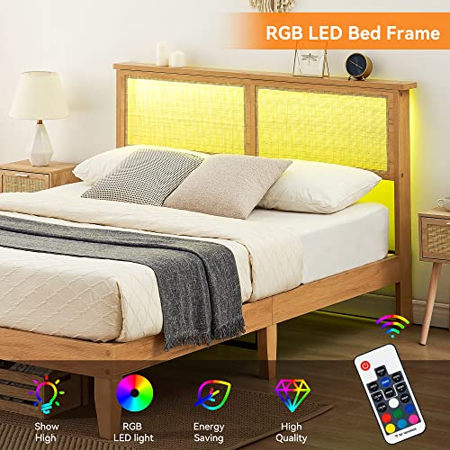 IDEALHOUSE Full Bed Frame with Natural Rattan Headboard, Platform Bed Frame Full Size with Storage Headboard, Mattress Foundation, Noise-Free, No Box Spring Needed