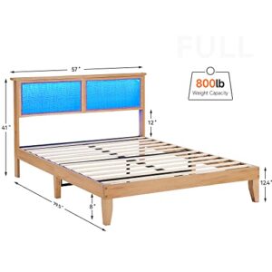 IDEALHOUSE Full Bed Frame with Natural Rattan Headboard, Platform Bed Frame Full Size with Storage Headboard, Mattress Foundation, Noise-Free, No Box Spring Needed