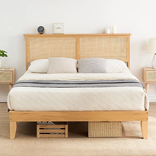 IDEALHOUSE Full Bed Frame with Natural Rattan Headboard, Platform Bed Frame Full Size with Storage Headboard, Mattress Foundation, Noise-Free, No Box Spring Needed