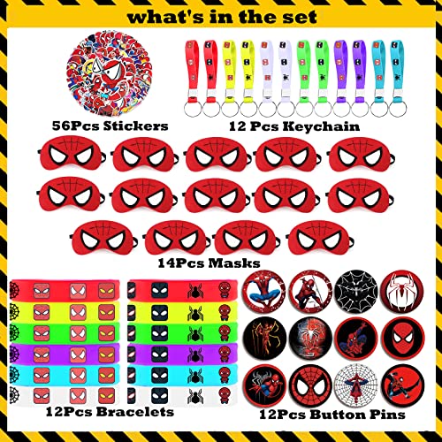 Spiderman Birthday Party Supplies,106Pcs Party Favors,Include 12 Button Pins,12Pcs Key Chain,12Pcs Hand Bracelet,14 Spider Masks,56 Stickers,Best For Spiderman Themed Party