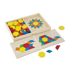 melissa & doug pattern blocks and boards - classic toy with 120 solid wood shapes and 5 double-sided panels, multi-colored - steam toy, wooden pattern blocks animals, tangrams puzzle for kids ages 3+