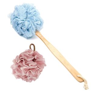 shower loofah, bath sponge set includes 1 long handled back scrubber & 1 shower brush for women & men body, exfoliating scrubber brush for spa washing, blue & pink