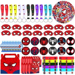 spiderman birthday party favors supplies,130 pcs,include button pins, key chain, bracelet, spider masks, goodie bags, blower whistles, stickers for classroom rewards hero carnival prizes decorations