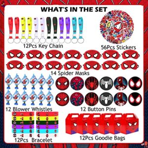 Spiderman Birthday Party Favors Supplies,130 Pcs,Include Button Pins, Key Chain, Bracelet, Spider Masks, Goodie Bags, Blower Whistles, Stickers for Classroom Rewards Hero Carnival Prizes Decorations